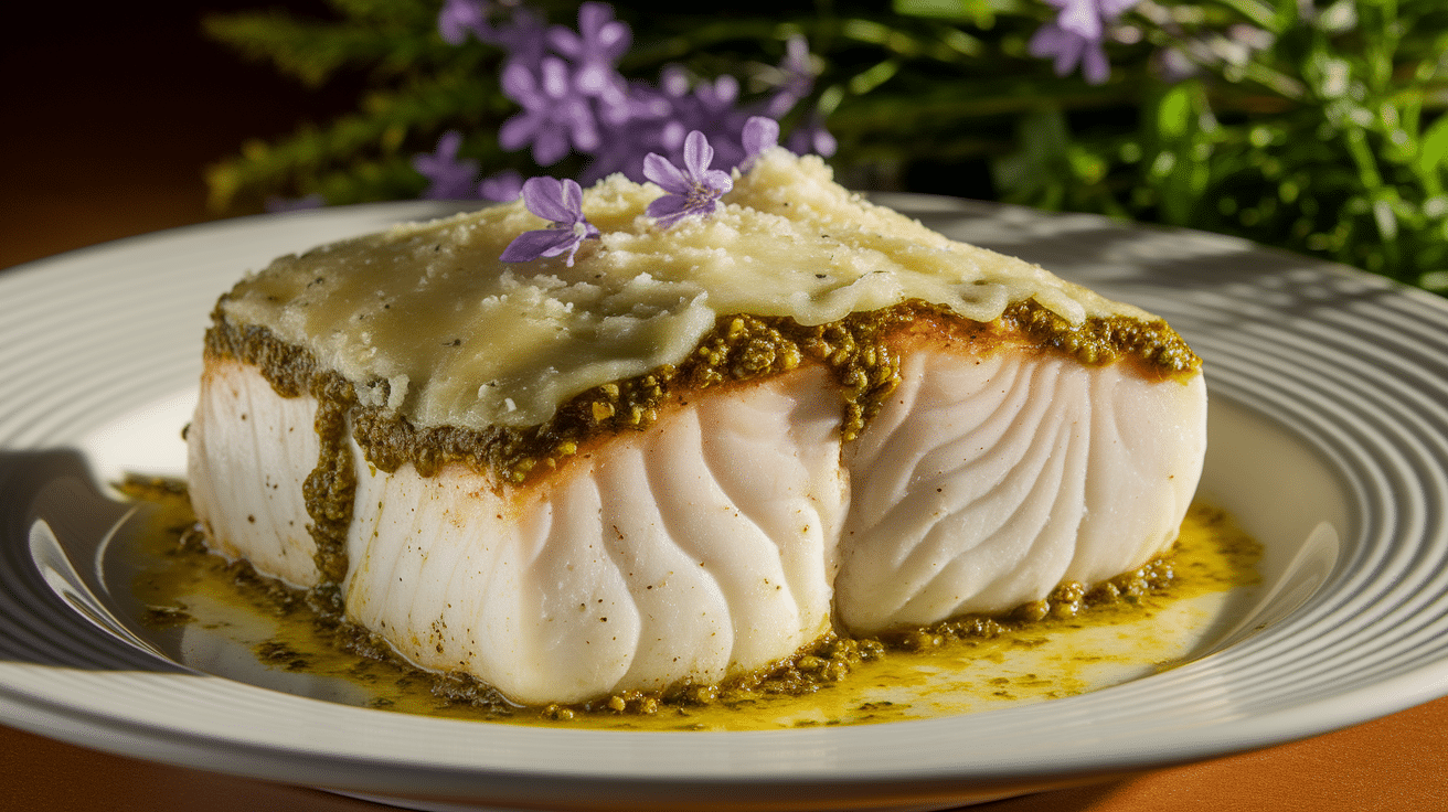 Baked Halibut with Pesto and Parmesan