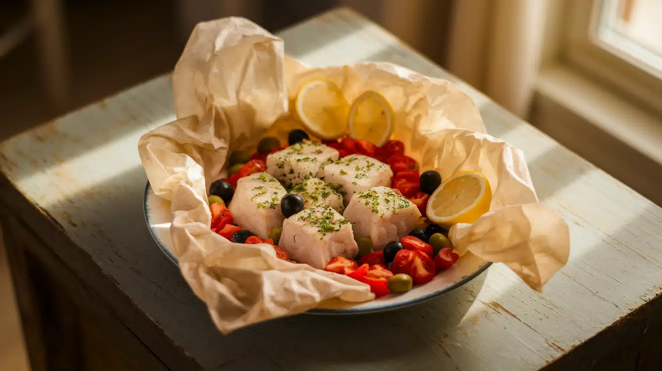 Mediterranean Sea Bass “En Papillote” (Baked Poached in Parchment)
