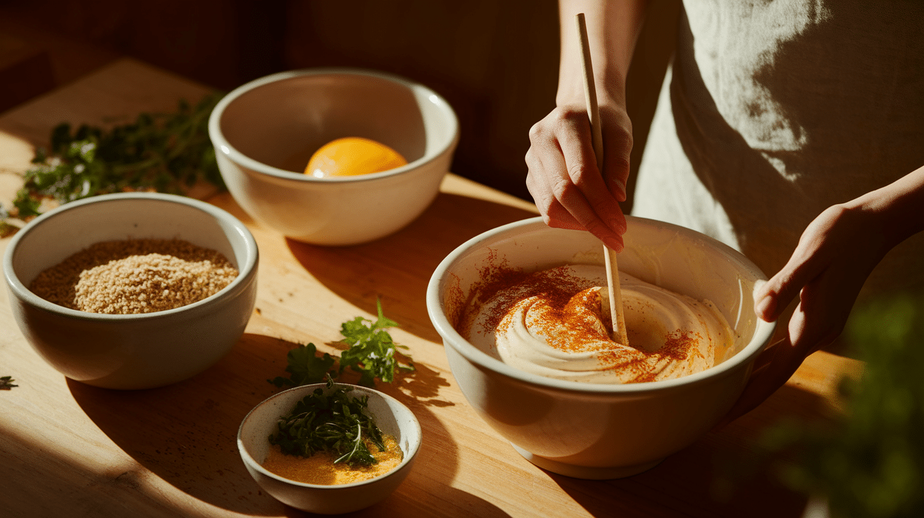 Mix Seasonings, Wet Ingredients, and Crumbs Separately